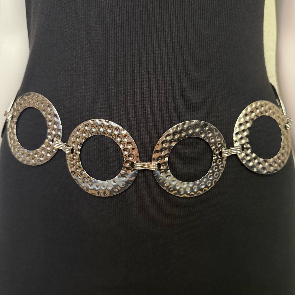 Silver tone metallic disc chain belt